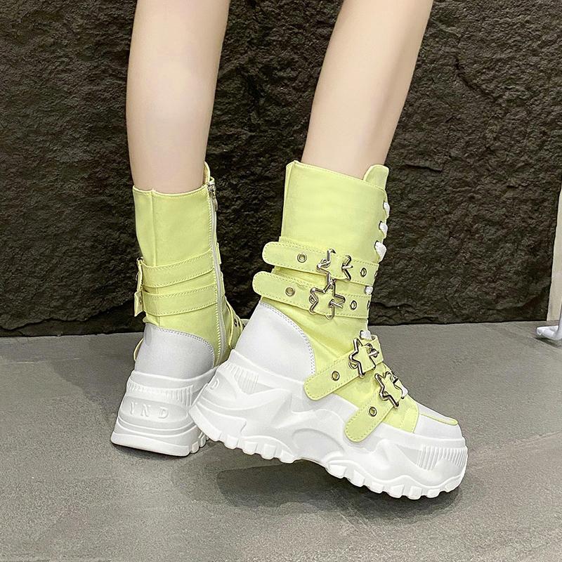 Fashion Chunky Platform Boots Women Punk Star Buckle Strap Sneakers Autumn Winter Thick Bottom Motorcycle Boot