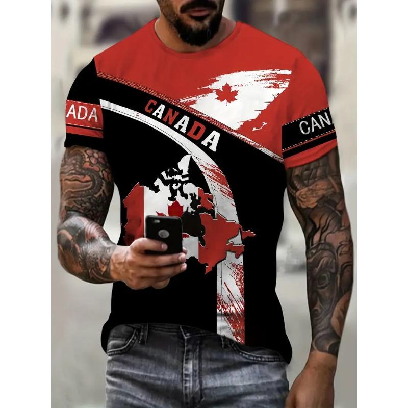 Men'S Canadian Flag & Maple Leaf Print T-Shirt Summer Short Sleeve Tee Shirts With Round Neck