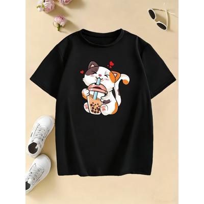 Fashion Happy Dog Drinking Juice Short Sleeve T-Shirt Children Summer Spring Casual Top T-Shirt