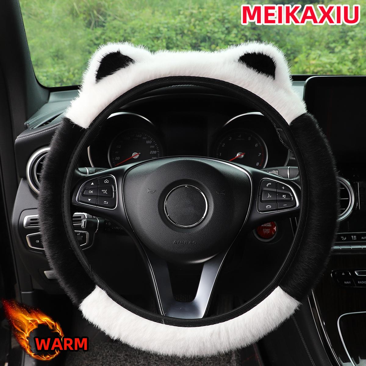 

1 winter artificial mink fur furry Panda cat ears car without inner ring steering wheel cover answer 14-15 inch car accessories чорний білий колір