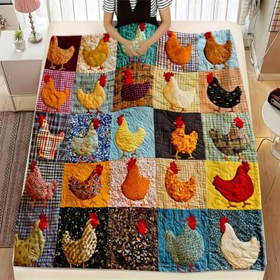 Rooster Plaid Print Blanket Farmhouse Flannel Blanket Vintage Chicken Print Cozy Throw Blanket Farm Quilt for Home Bed Couch Housewarming Gift