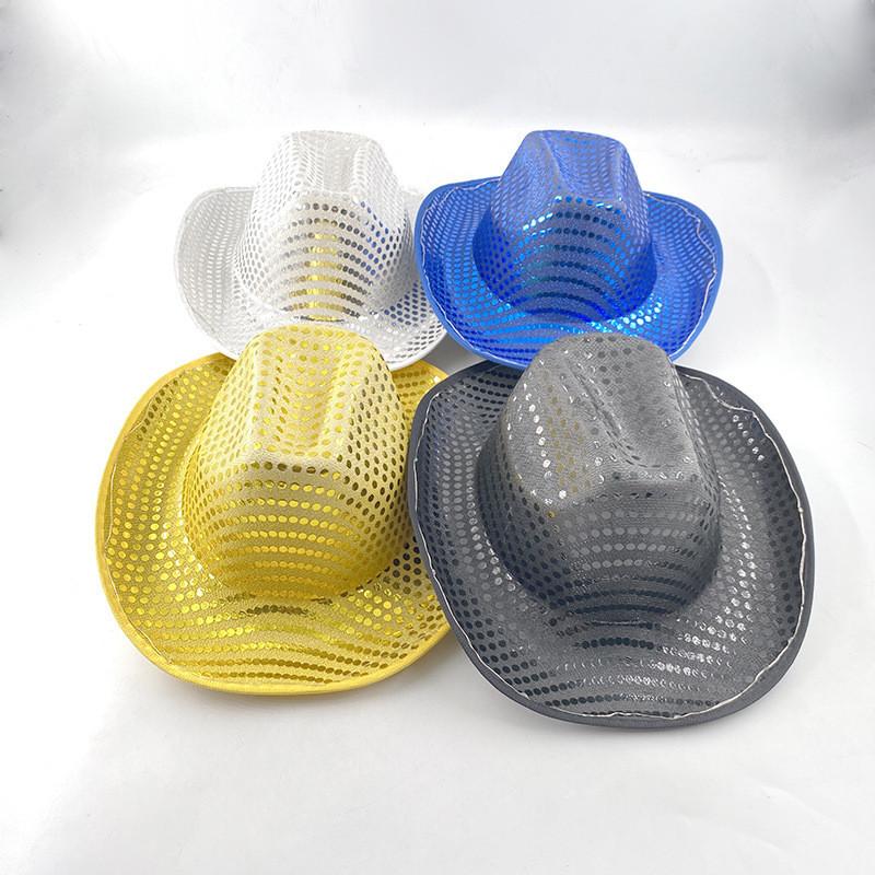 Four Color Led Light Up Western Cowboy Hat With Sequin Pattern For Party Cosplay Stage Performance