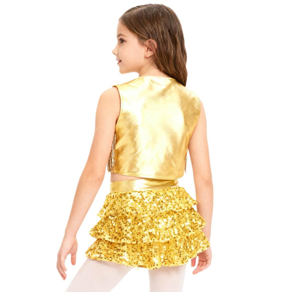 Girls 70s Disco Outfit Metallic Gloss Top Sequins Design Tassels Detail Ruffle Skirt Shorts Two Piece Set