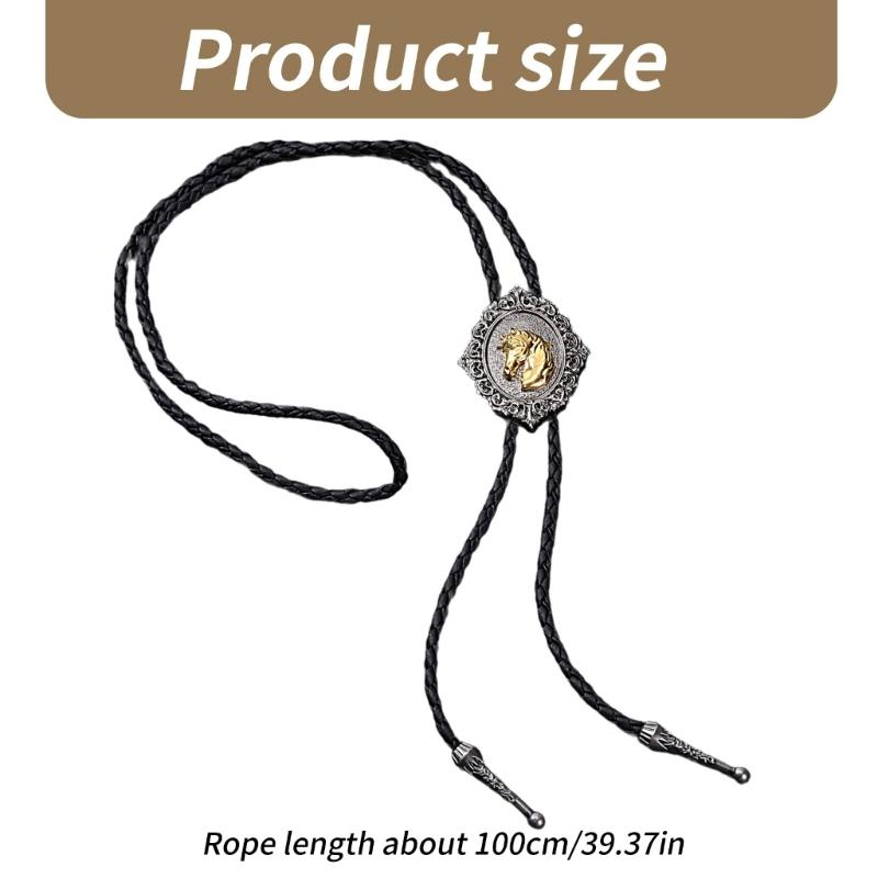 Handmade Jewelry Bolo Tie Western Cowboy Artificial Leather Rope Necktie with Vintage Cow Horse Badge Pendant Necklace