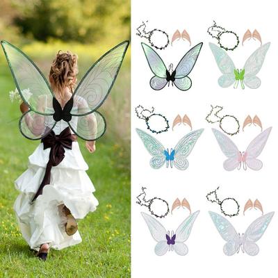 Halloween-Kostüm, Feenflügel, glitzernde Schmetterlingsflügel mit Blumenkrone und Elfenohren, Mitbringsel