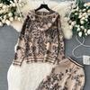 Invierno Otoño Diseñador de marca Conjuntos de estampado de punto Mujeres Abrigo con capucha Chaqueta Prendas de punto + Pantalones largos de pierna ancha Moda Retro Suéter Chándal de dos piezas