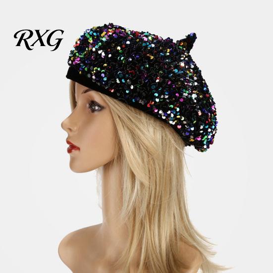 Vielseitiges Outfit-Accessoire Damen Pailletten-Barett, Funkelnde Retro-Künstlerkappe, Stilvolle Lässige Reisekappe Verstellbare Malerhaube für Straßenfest Täglich