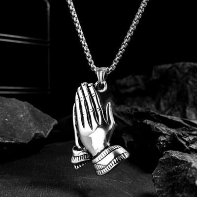 Retro Praying Hands Neckace For Men Hiphop Titanium Steel Chain Trendy Copper Color Palm Clapping Pendant Neck Jewelry Gifts