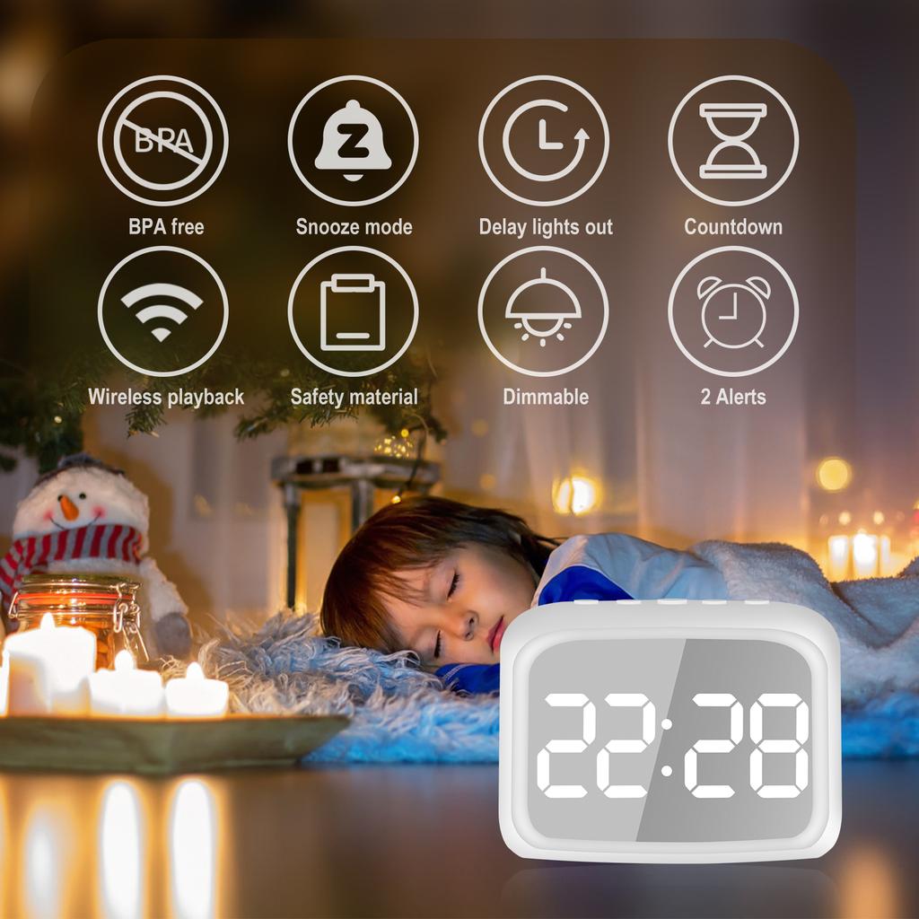 Kids Alarm Clock with Bluetooth Speaker Toddlers Digital Clock with Dimmable Night Light Rechargeable Kids Bluetooth Digital