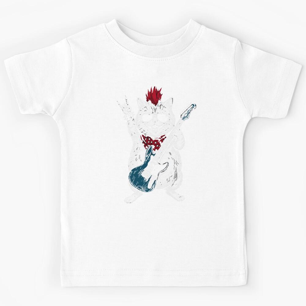 Funny Fatty Cat Playing Guitar USA Patriotic Mohawk Rock Kids T-Shirt 100