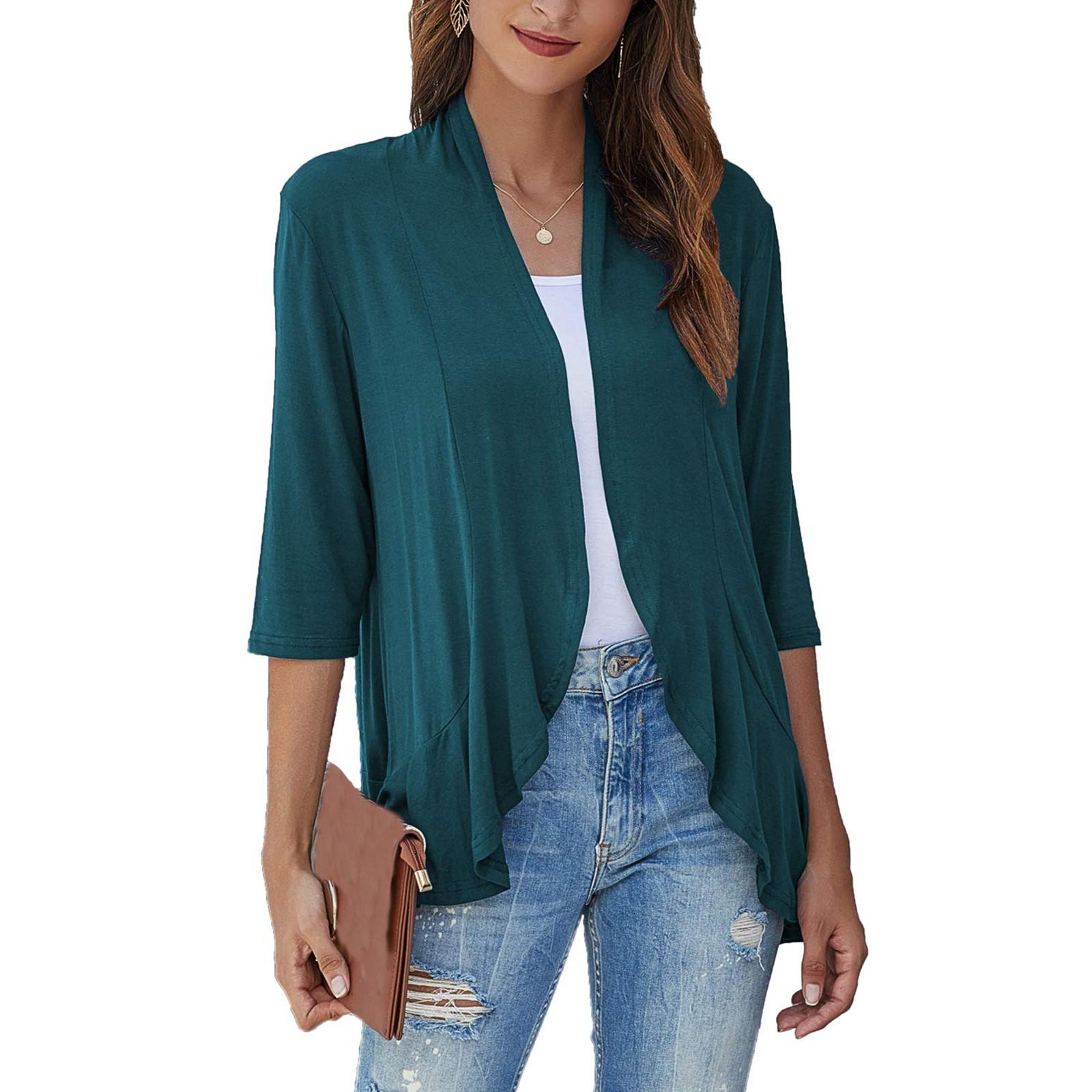 

Женский модный повседневный кардиган с рукавом семь восьмых, однотонный, с оборками XXL зелёный