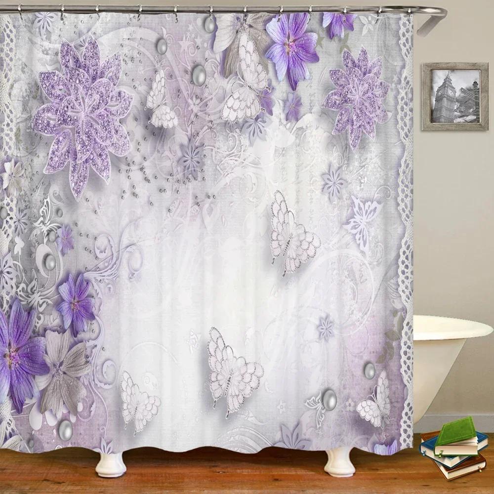 3D European Beautiful Flower Printing Bathroom Curtain Waterproof Polyester Shower Curtain Home Decoration Curtain With Hooks
