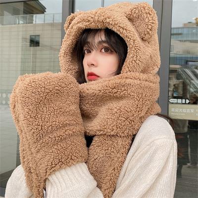 New Cute Bear Ear Hat Scarf Gloves Set Winter Women Beanies Caps Warm Casual Plush Hats Casual Solid Fleece Girl Kawaii Present KTB