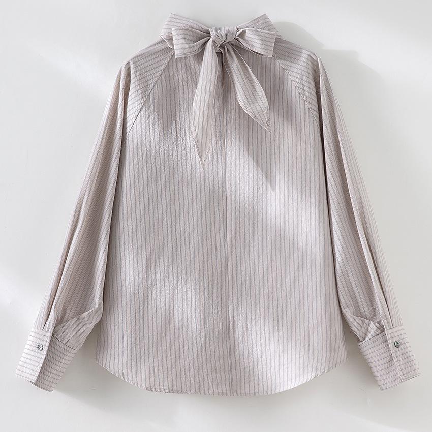 

Women s Pure Cotton Striped Shirt with Ribbon Design - Slimming, Loose-Fit, Casual Spring Top M (Recommended for 121-140kg)