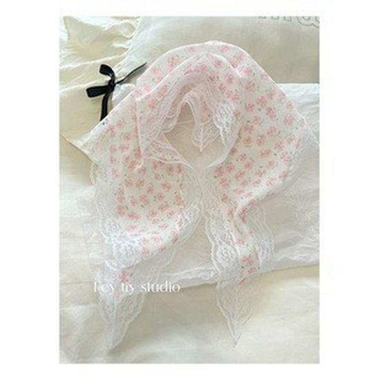 Beige Floral French Lace Triangle Scarf: Versatile Headscarf, Hairband, or Bag Accessory