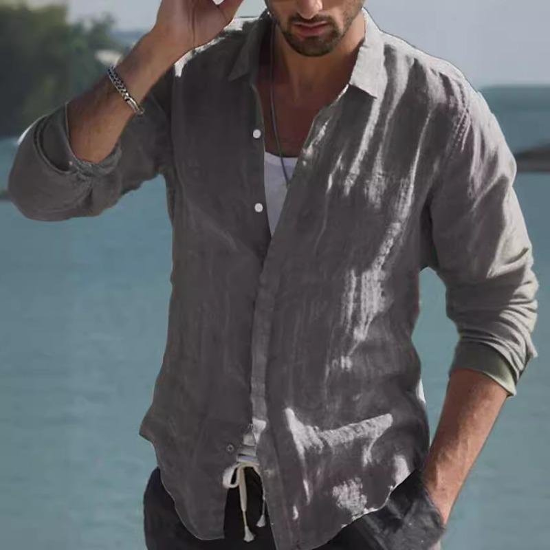 Men's Cross-Border Linen Spring and Summer Beach Long Sleeve Solid Color Casual Shirt Daily Shirt