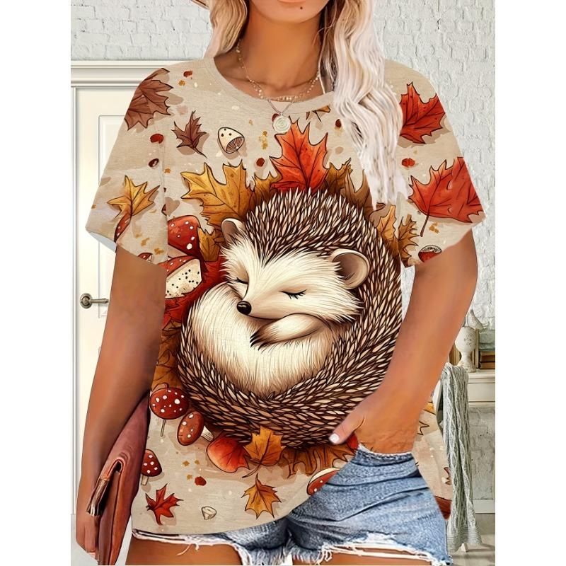 

Large Size-Large Size Women s T-Shirt Little Hedgehog Print S