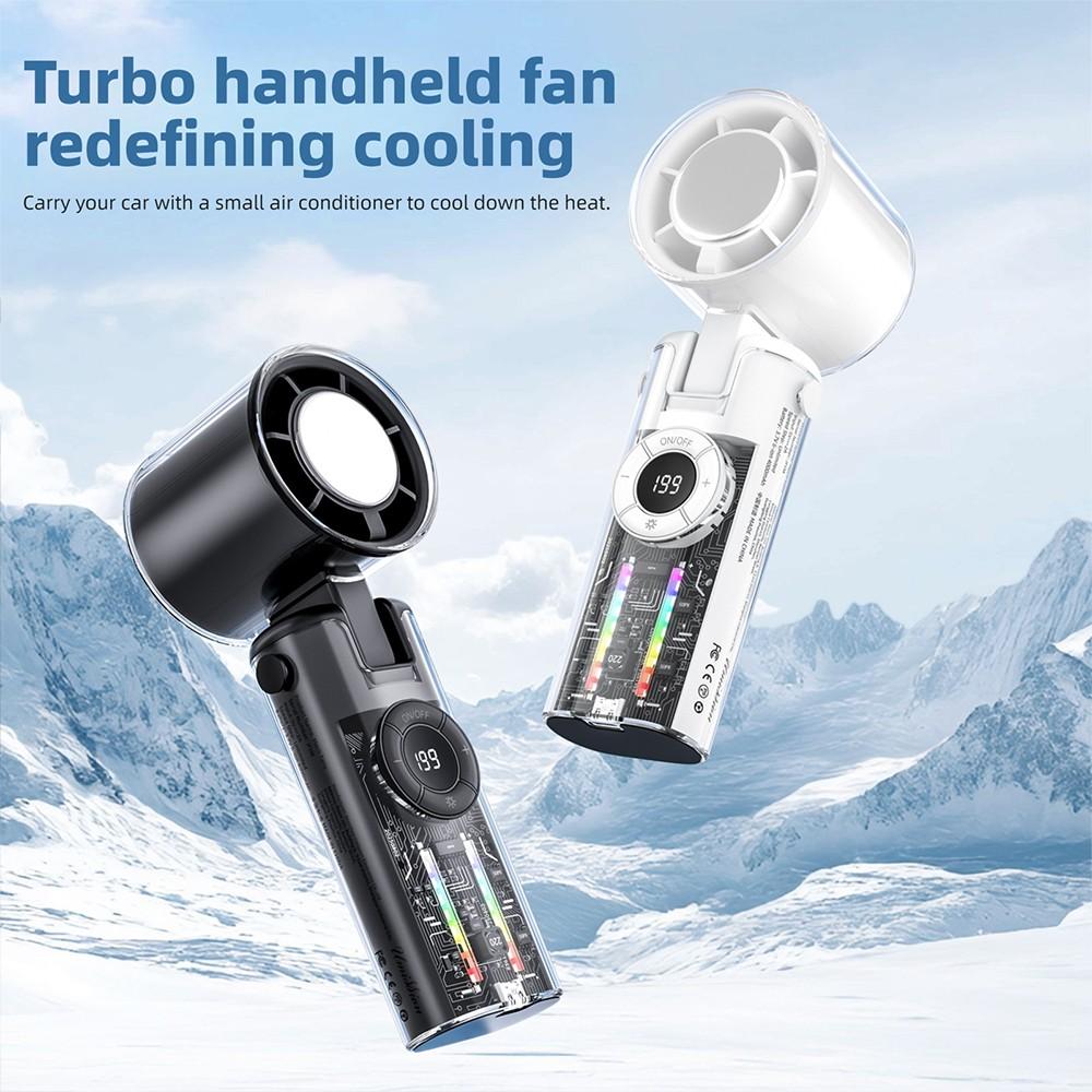 Mini Handheld Ice Compress Fan with Atmosphere Light 199 SpeedsUSB Rechargeable Turbo FanLED Light Display