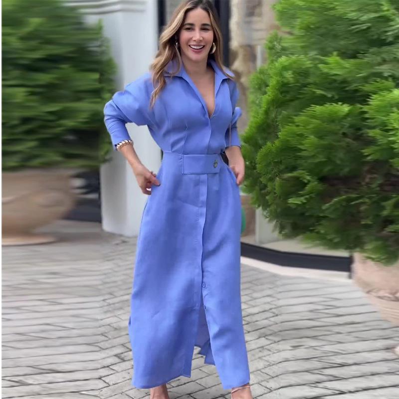 European  American Women's Blue Dress Elegant Temperament Spring Summer Commuter Long Sleeved