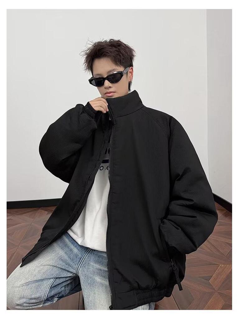 Men's Winter Maillard Stripe Cotton Jacket with Stand Collar - Japanese Neutral Style, Thick and Loose