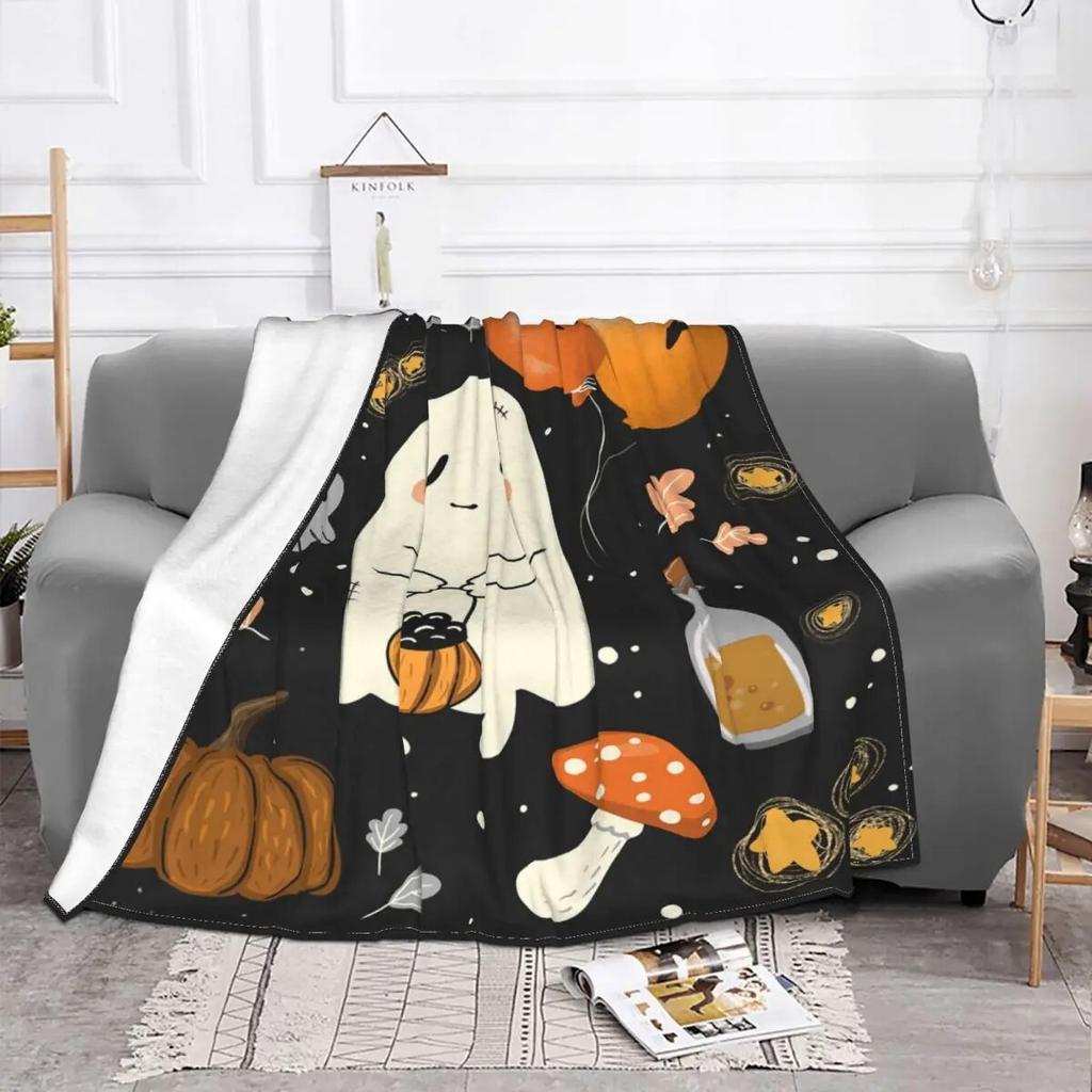Halloween Pumpkin Ghost Blanket Flannel Print Scary Nap Multi-function Super Warm Throw Blanket for Sofa Office Bedspreads
