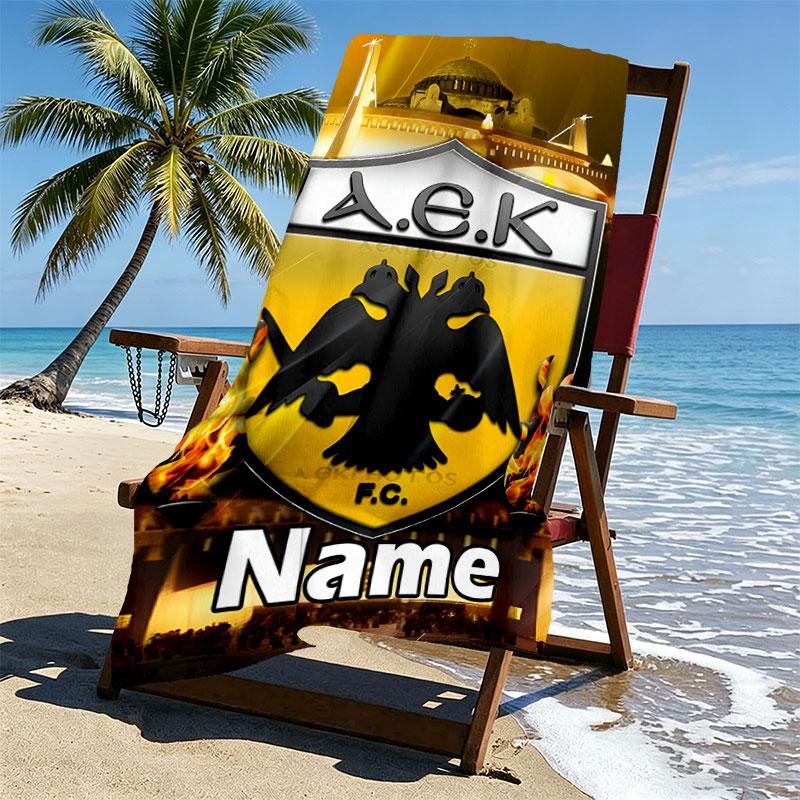 Custom Name Personalized AEK Athens FC Print Beach Towel, for Trip Camping Beach Party Home Decor, Birthday Gift for Family & Friends