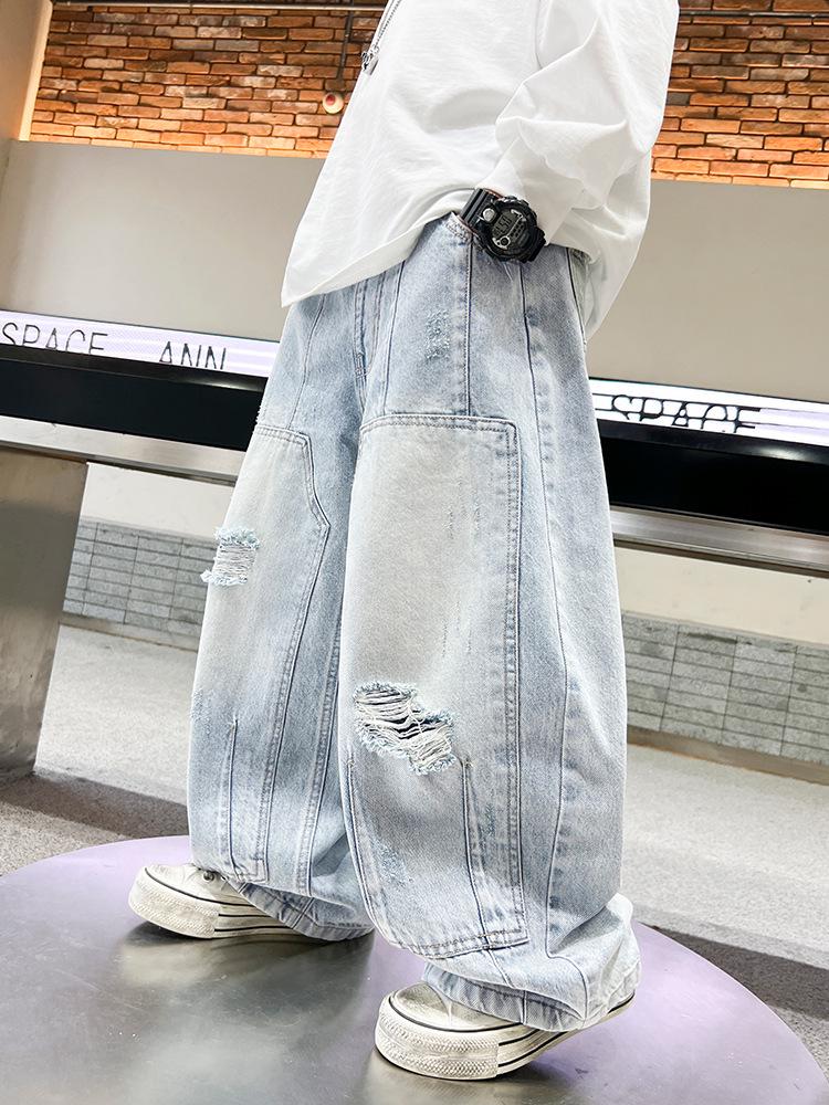 

Рваные джинсы для мальчиков - Весна/Осень 2025 Свободные Повседневные Прямые Брюки 110 cm