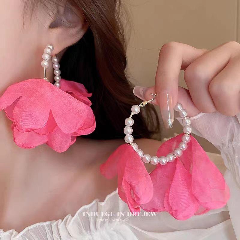 

Rose Red Flower Earring Ear Clip Stylish Unique Classy High-Key Eardrop 2025 New Arrival Ear Studs Earrings Female Pink Chiffon Earrings