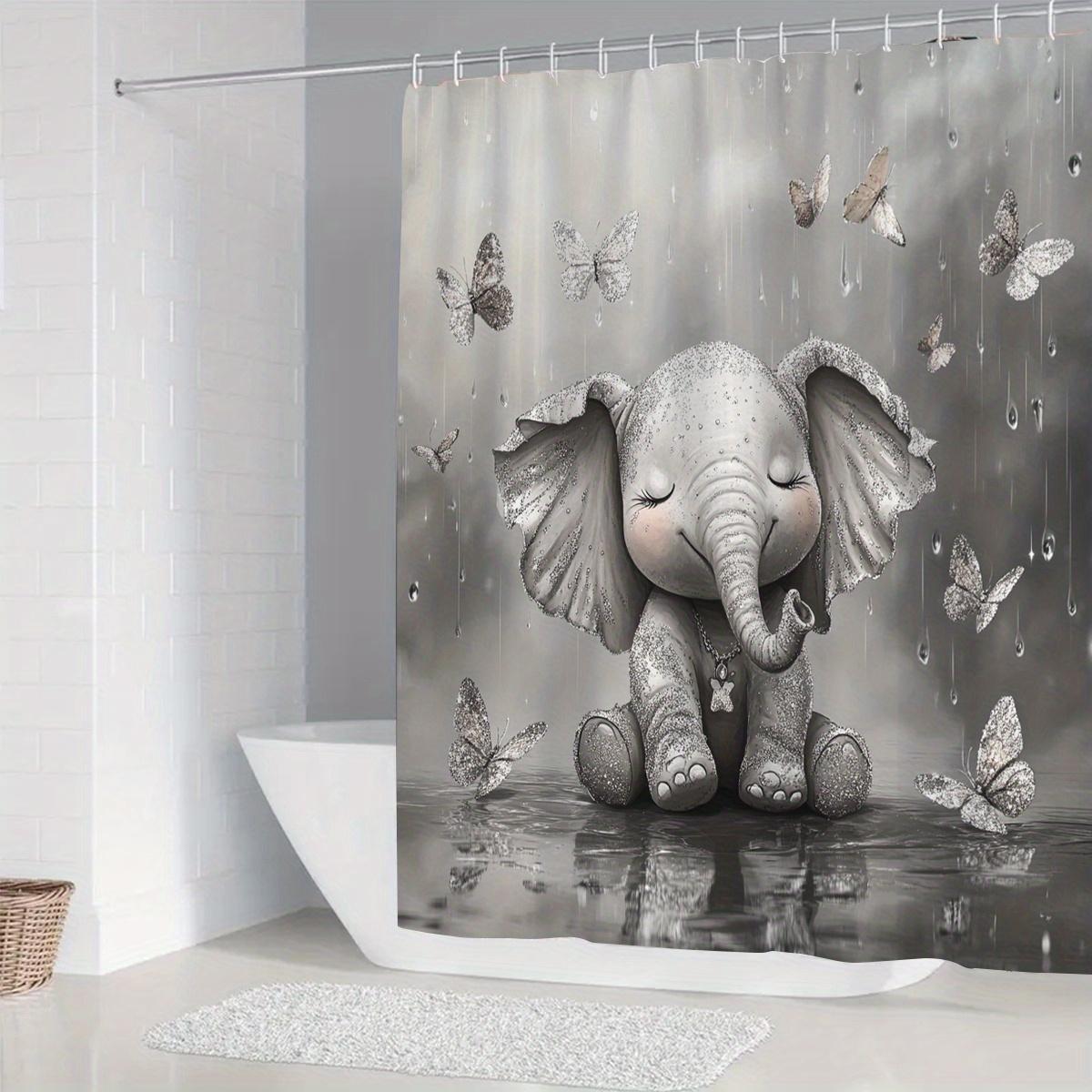 1 Cute Elephant Shower Curtain - Polyester fabric with hooks, whimsical rainy day design with butterflies, machine washable 90X180cm