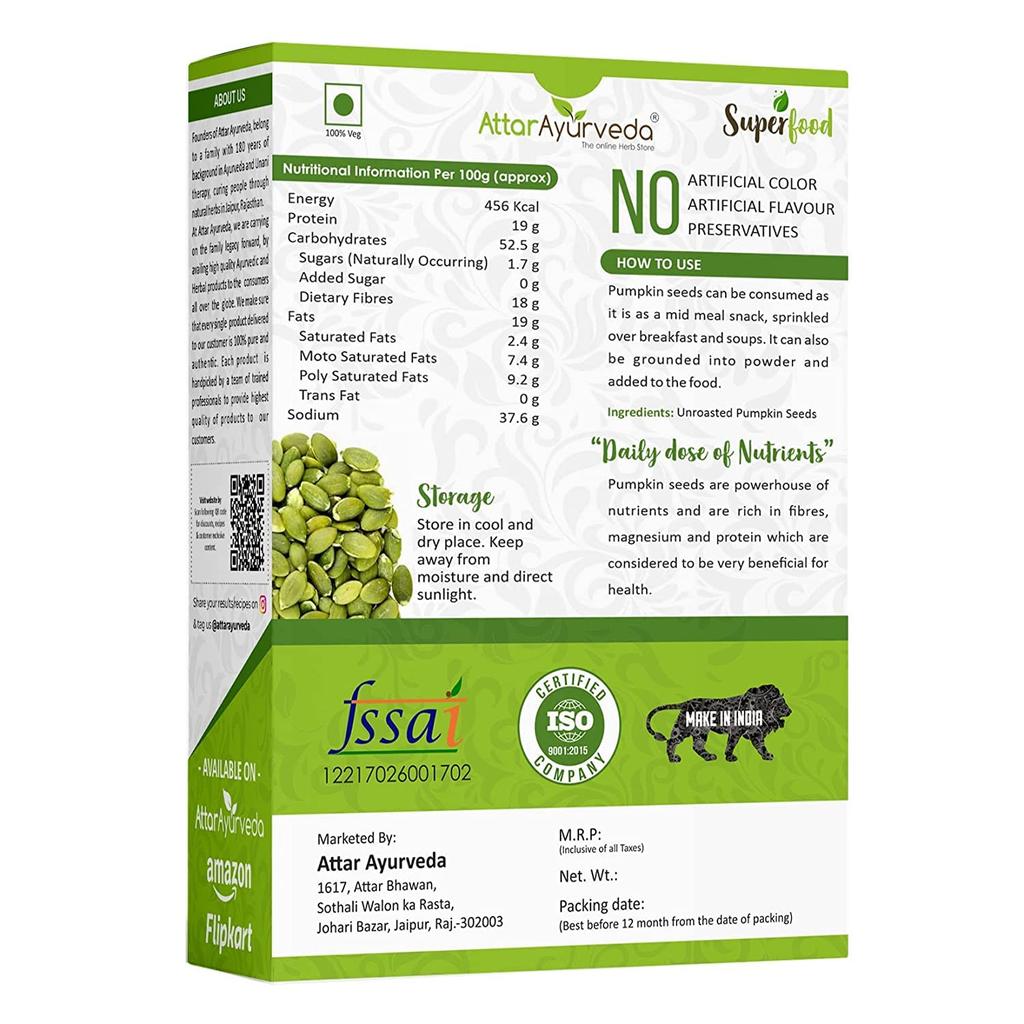 Attar Ayurveda Raw Pumpkin Seeds 250 g Protein Rich Snack Unsalted Unroasted High Fiber Healthy Eating Superfood Seeds