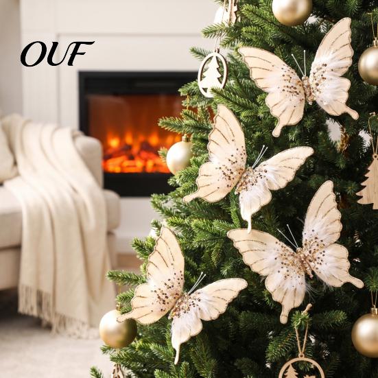 Three Dimensional Butterfly Tree Ornaments Velvet Christmas Ornaments, Artificial Glitter Sequins Xmas Decorative Butterflies for Trees Decoration