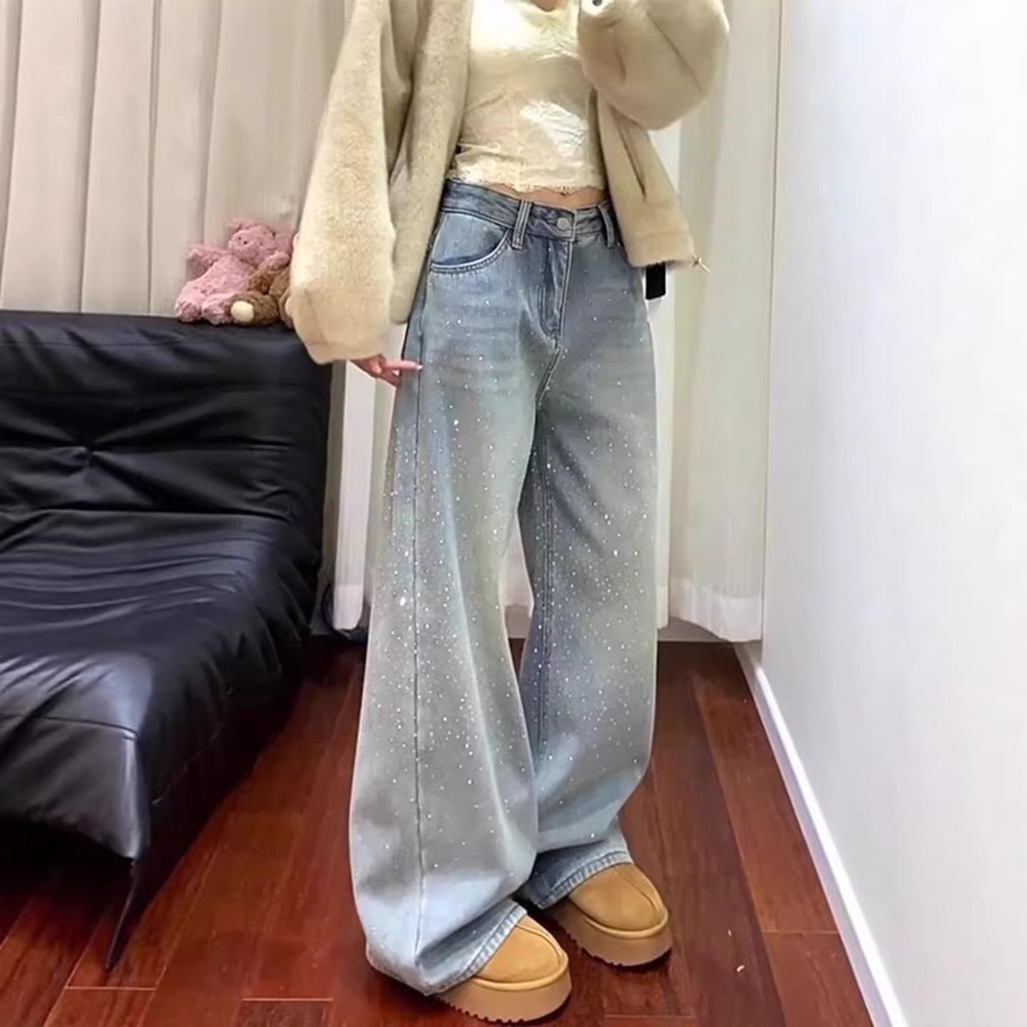 Women s Plus Size Rhinestone Distressed High Waist Wide Leg Jeans S
