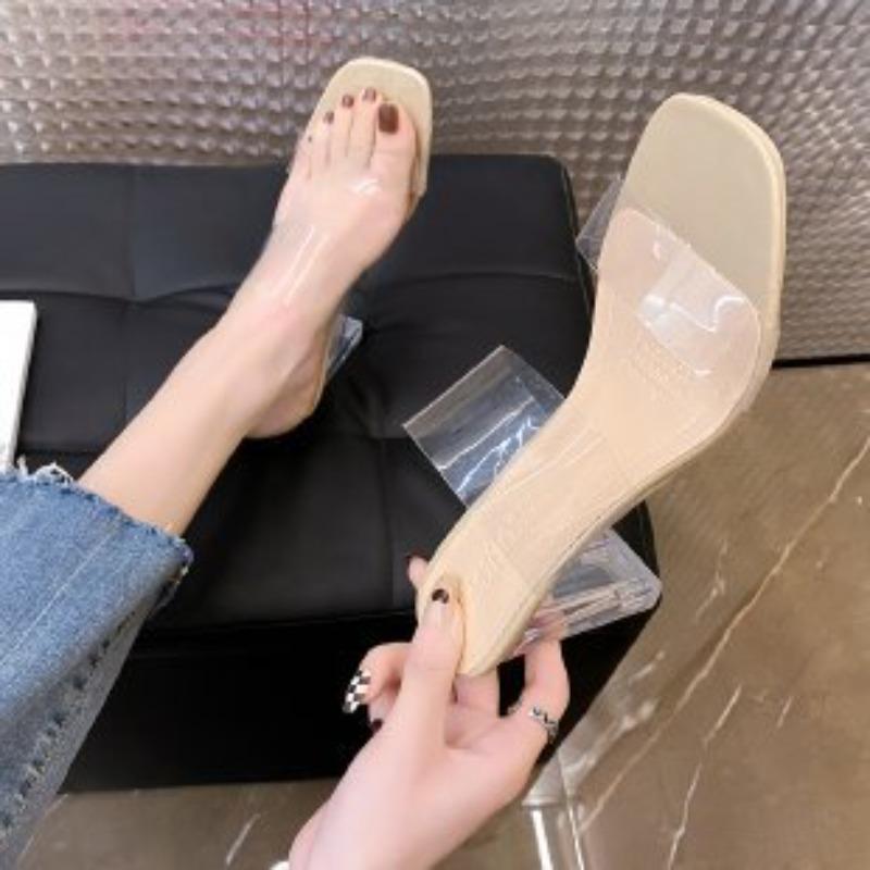 Cool Slippers Outer Thick Heel Summer 20 High Heel Transparent One-word Slippers Crystal and Half Drag Cool Slippers Women