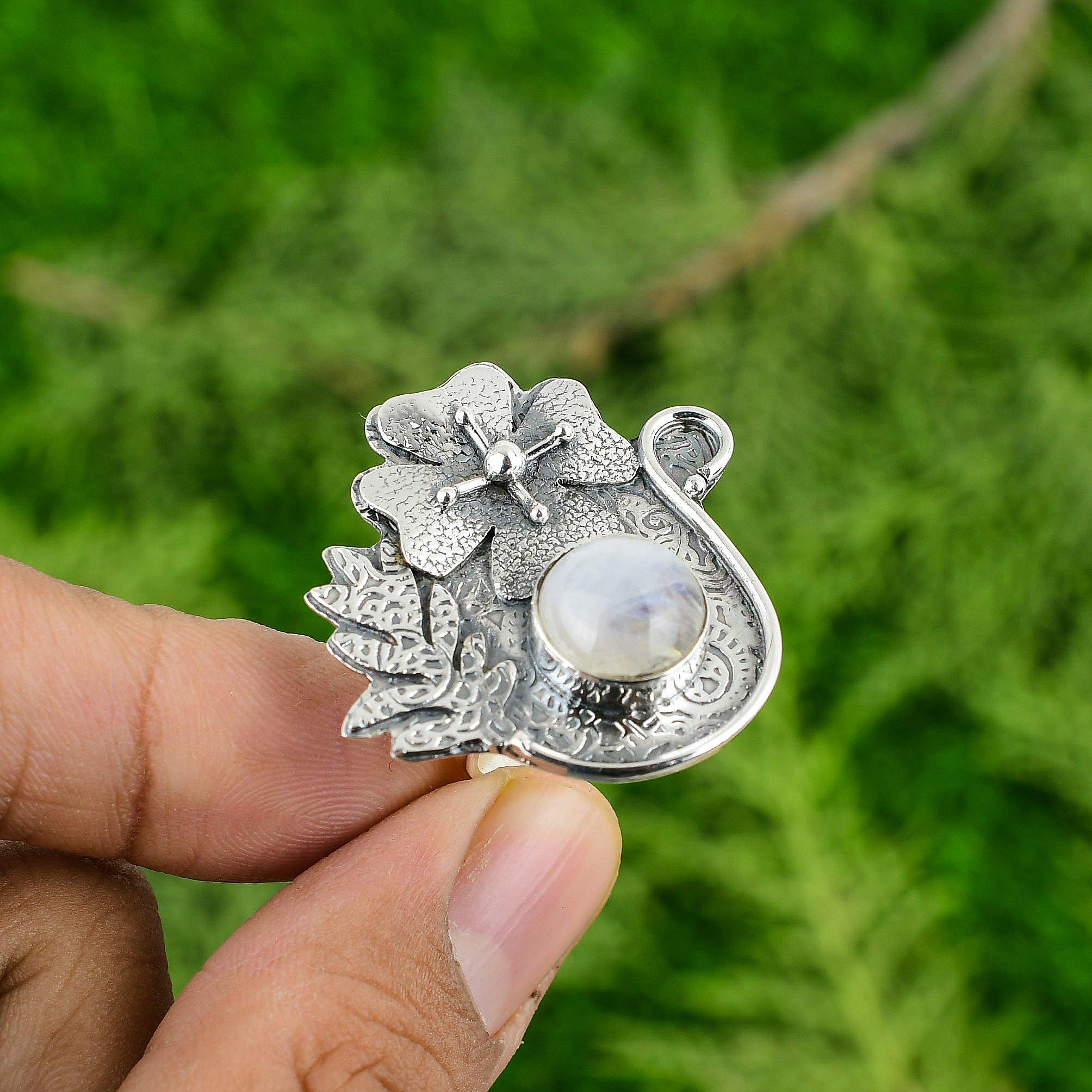 

925 Silver Rainbow Moonstone Stone Statement Sister Artisan Flower Birthday Ring Adjustable