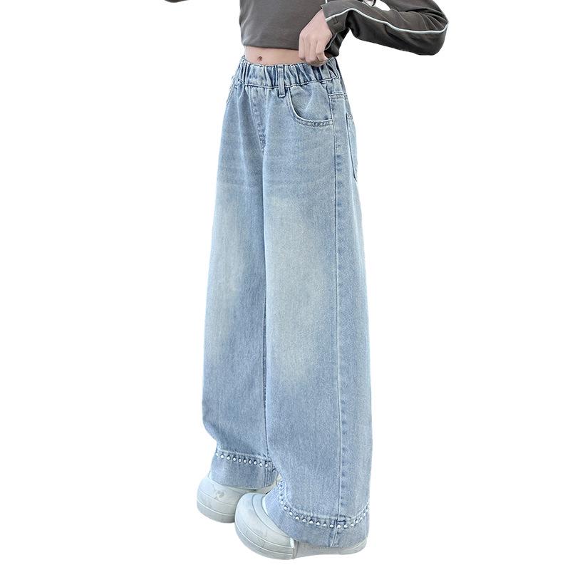 Girls' Spring & Autumn Straight Wide Leg Jeans - Trendy, Loose Fit for Elementary School Students