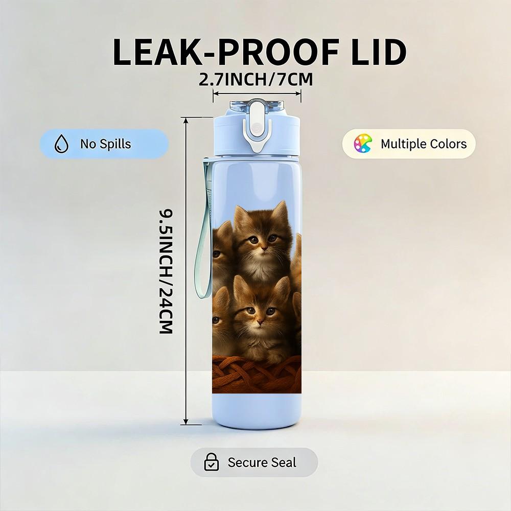 1PC Group Of Fluffy Kittens Print 750ml Color Plastic Sports Water Bottle Leakproof Flip Straw Lid Suitable for Sports Office Home Use