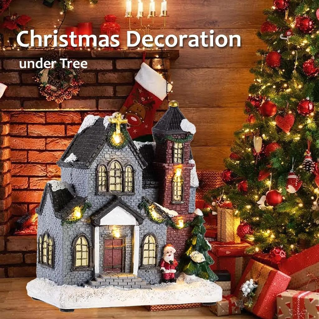 Resin Christmas Church Village Lit Houses LED Lighted Collectible Building Figurines Home Desk Fireplace Decor Holiday Gifts