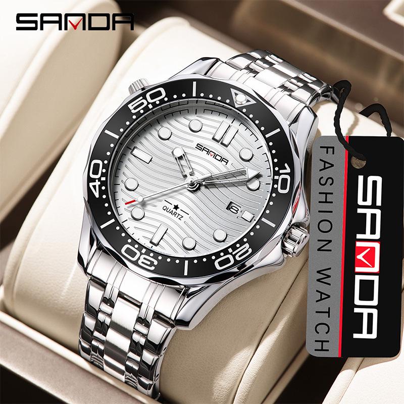 Sanda Men's Waterproof Quartz Watch with Rotating Bezel, Luminous Dial, and Calendar - Hot Sale Business Watch.