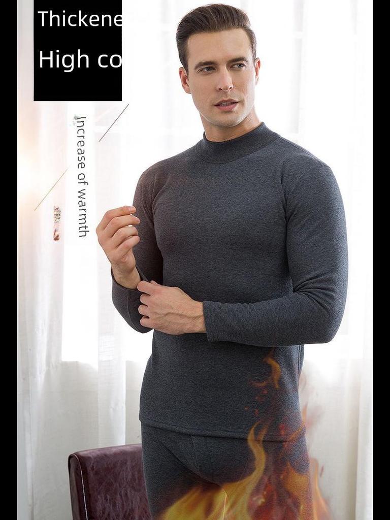 Men's Plus Velvet Thickened Thermal Underwear Set for Middle-aged and Elderly - High-collar Autumn Top and Pants