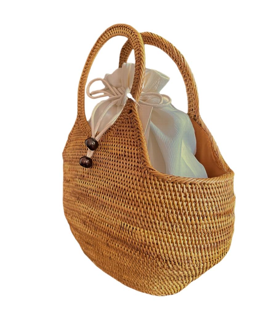 Ata Stylish Drawstring Basket Kimono Bag for Adult Yukata [Namatsuan] Bag, Cotton-Linen Bag, Women, (Off White)