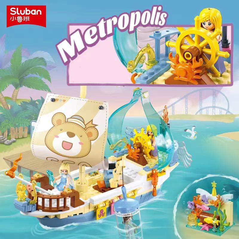 Non-Toxic 287Pcs Treasure Hunt Sailboat At Sea Building Blocks Cute Expedition Ship Assembly Bricks Desktop Ornament Kids Toy Holiday Gift
