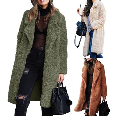 Women Winter Thicken Plush Lapel Solid Color Long Sleeve Warm Cardigan Midi