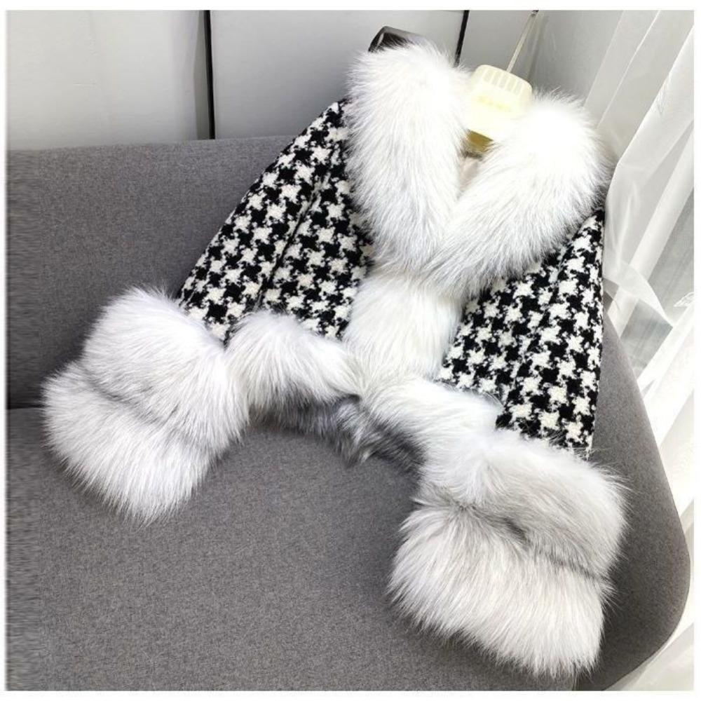 Modă Palton de Damă Palton de Blană Palton Scurt de Damă Guler de Blană Grilă Mii de Păsări Palton de Blană de Vulpe Argintie