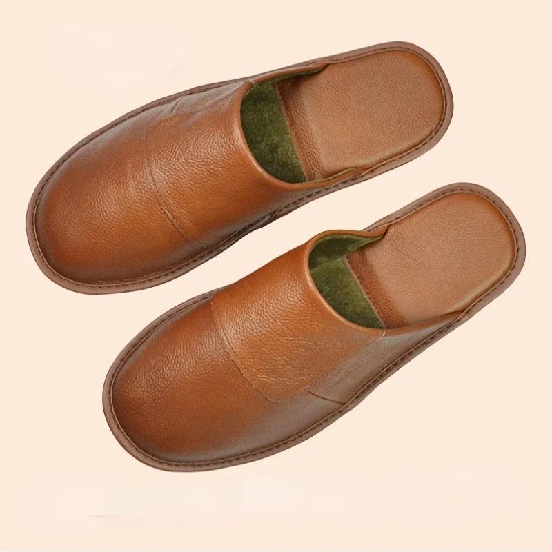  Autumn Winter Indoor Shoes Men's Women Slippers Man Concise Slides Simple Leather Home Slippers for Plus Size 46