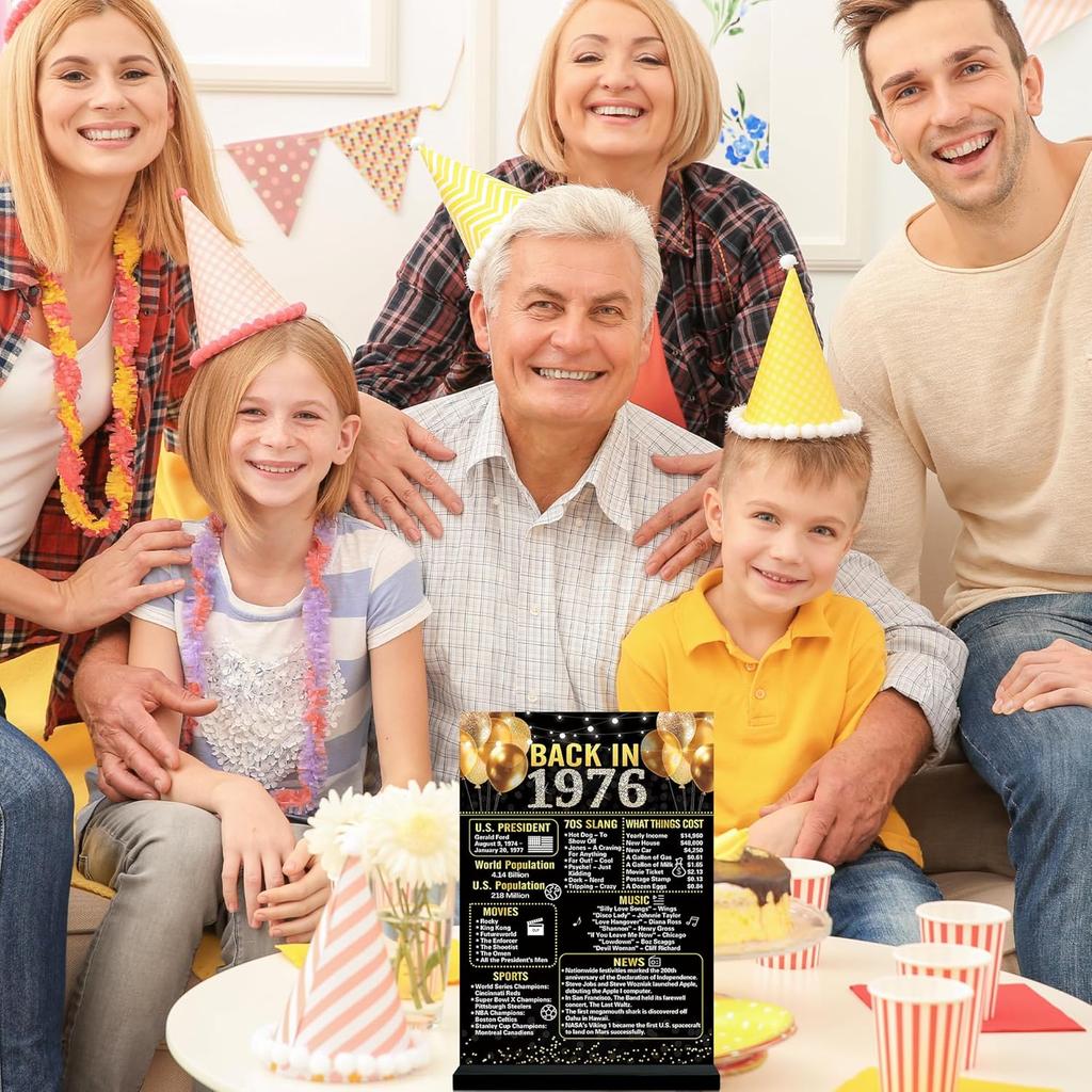 Trgowaul 50th Birthday Decorations Women Men, Black Gold Back In 1976 Birthday Poster Acrylic Table Sign with Stand, 50 Anniversary Decor Gifts for