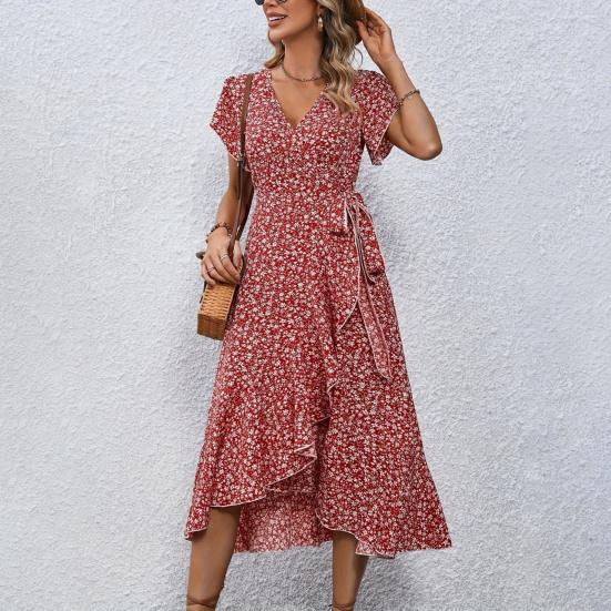Summer Floral Maxi Dress for Women V Neck Short Sleeve Ruffle Hem Wrap Dress Boho Casual Split Flowy Beach Long Dress