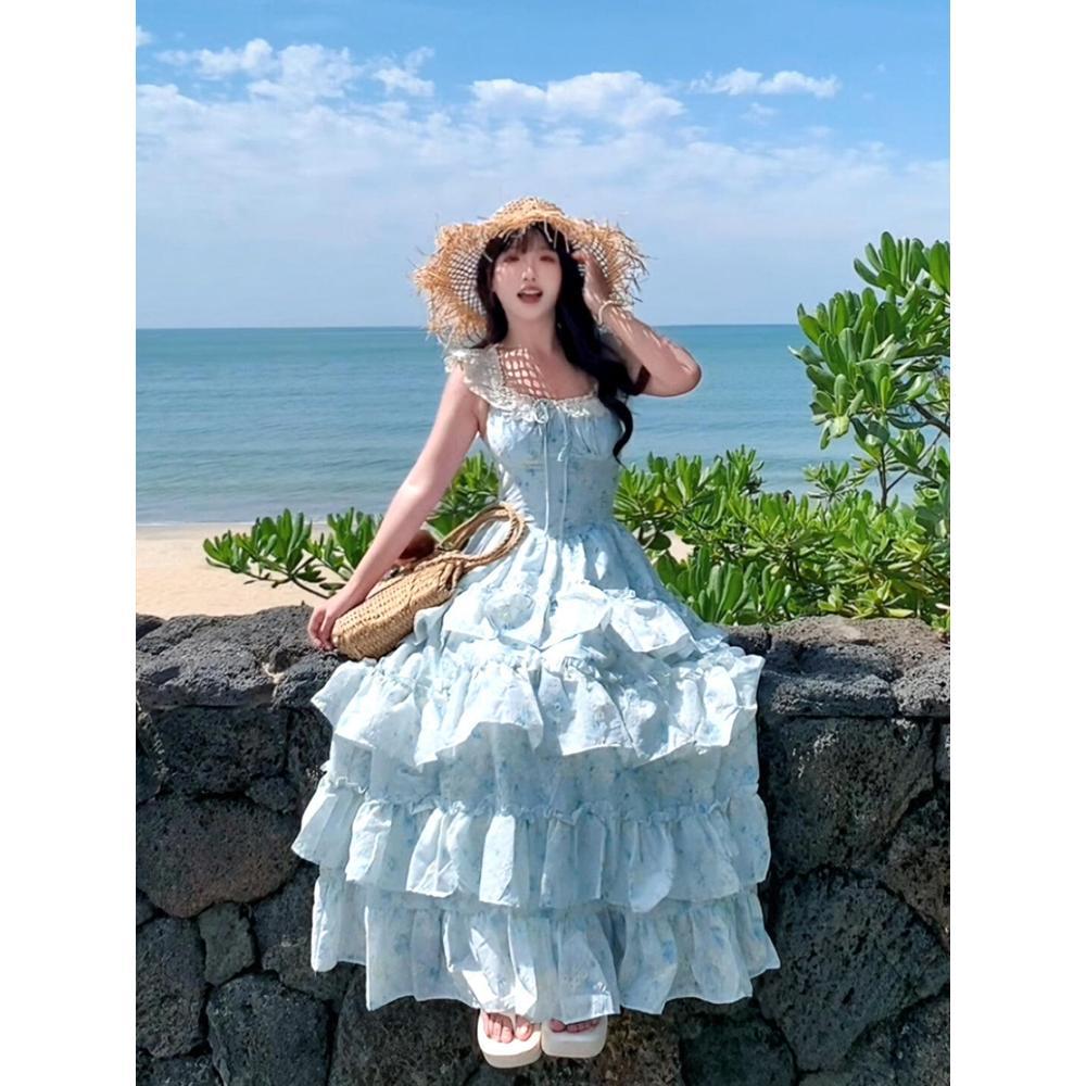 

Платье-сарафан с рукавами сяофэй, женское платье с большой юбкой и завышенной талией, супер-фея, принцесса, средней длины, пышное платье-торт XL- (recommended 110-60kg) синий