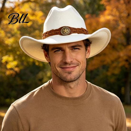 Winter Windproof Wool Cap Unisex Western Cowboy Hat, Felt Fedora Hat with Faux Leather Band, Retro Wide Brim Cowgirl for Men Women Autumn Warm