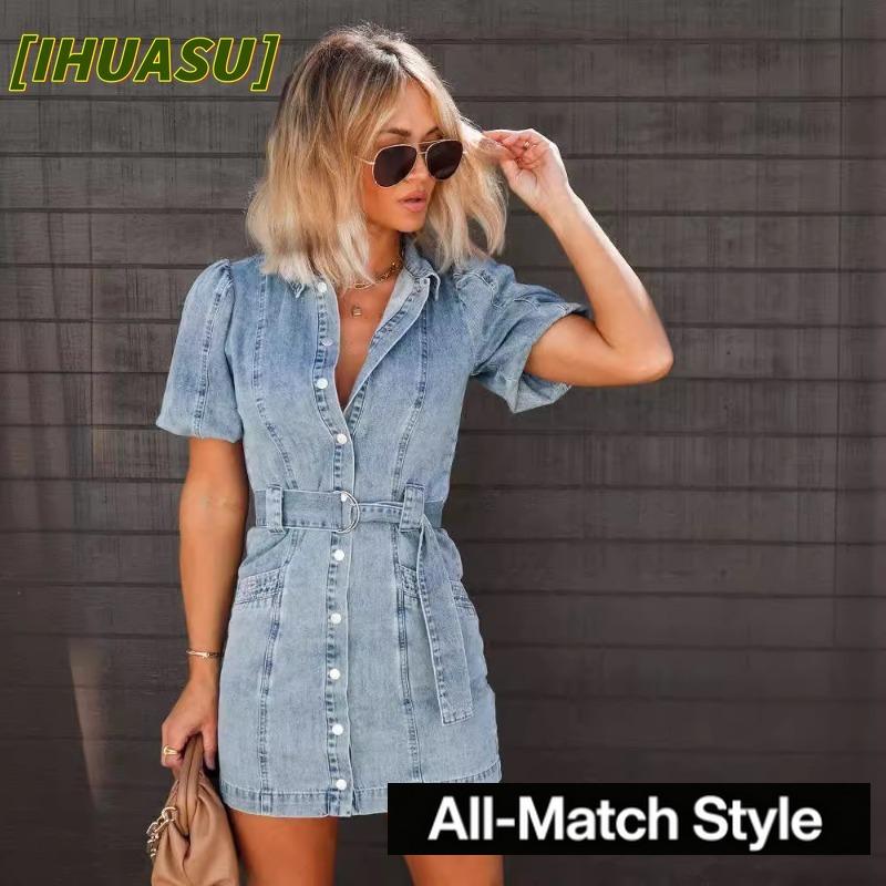 IHUASU Fashion Summer Spring Solid Color Print Short Sleeve POLO Neck Casual Dresses