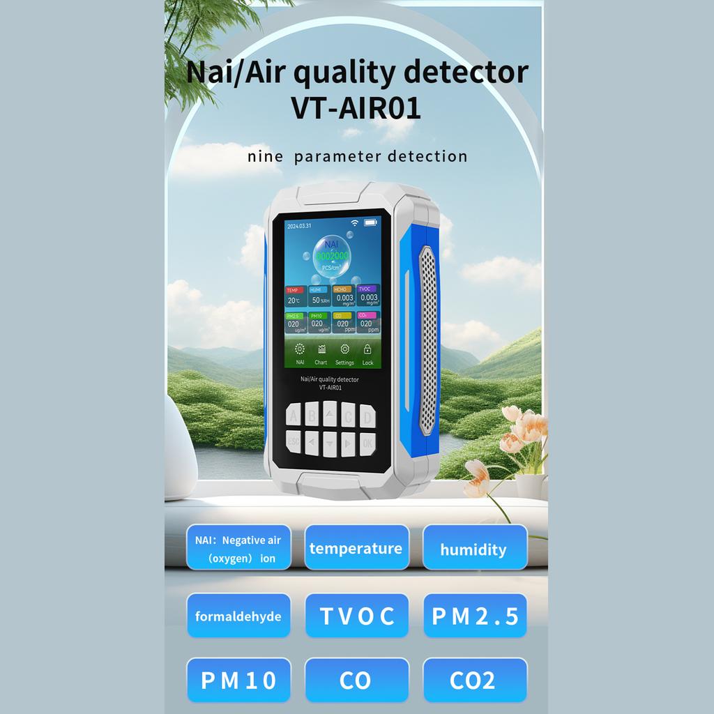 Air Quality Detector Ionizer Meter Alarm Function Portable Air Tester with Negative Ion Concentration/Temperature/Humidity/VOC/P